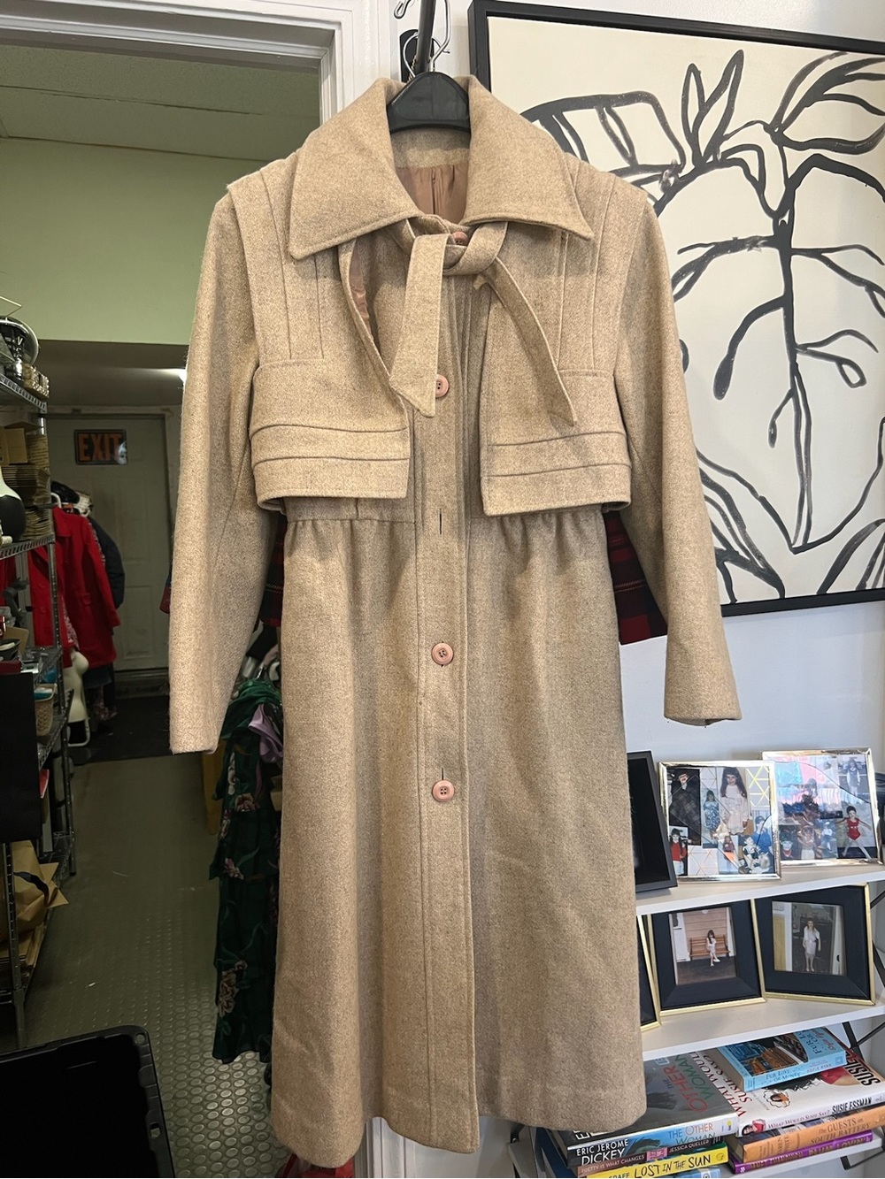 Vintage Beige Tie-Neck Wool Trench Coat